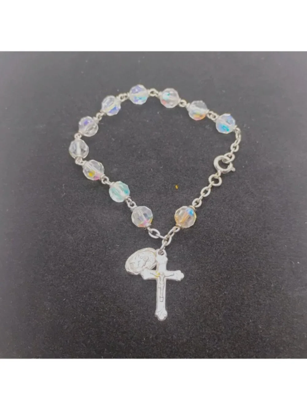 Vtg "Chapel" Sterling Crucifix AB Rhinestone Bracelet Our Lady of Snows Charm - Picture 2 of 7
